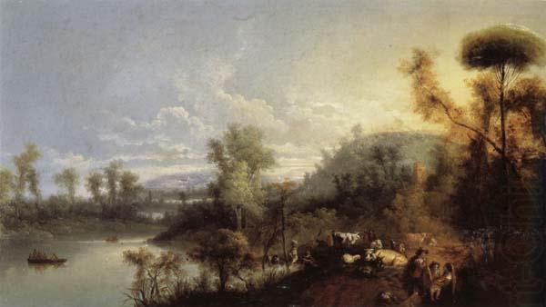 River Landscape with Figures and Cattle, Manuel Barron Y Carrillo